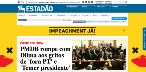 Homepage do Estadão nesta terça feira (29)| Foto: Reprodução homepage estadao brasil impeachment